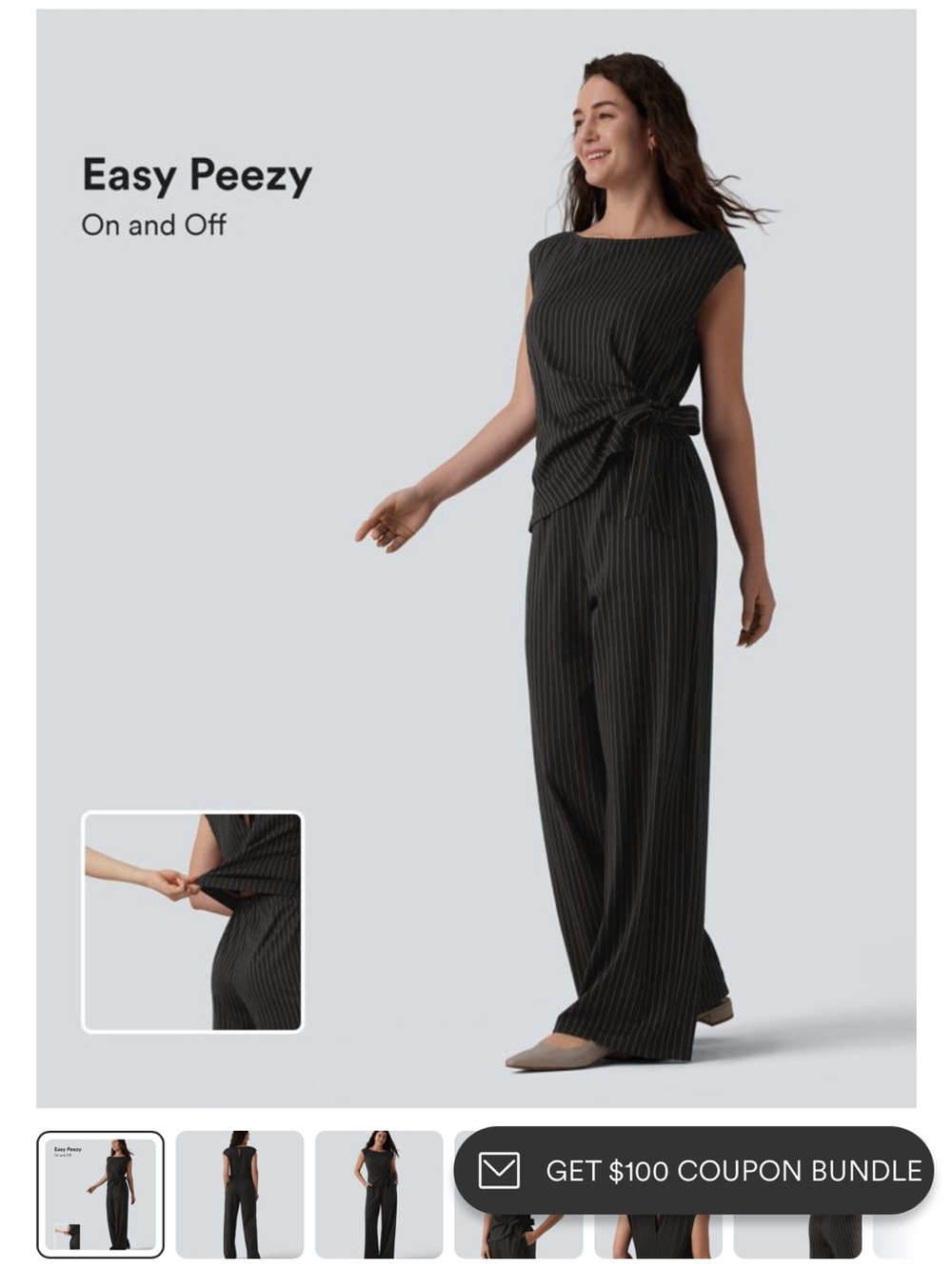 HALARA Black Pinstripe Sleeveless Wide-Leg Jumpsuit with Side Tie